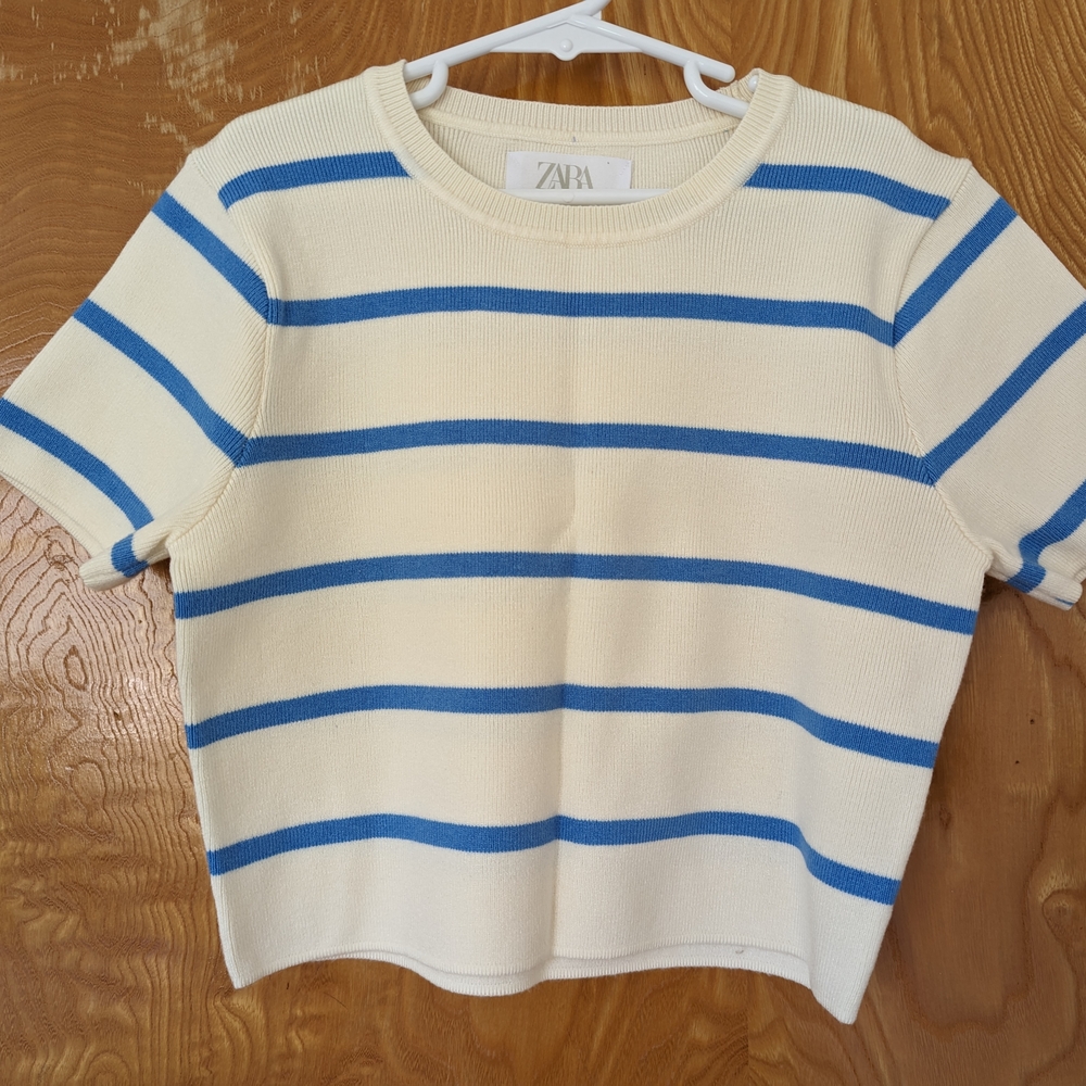 Zara Ivory and Blue Striped Knit Tee